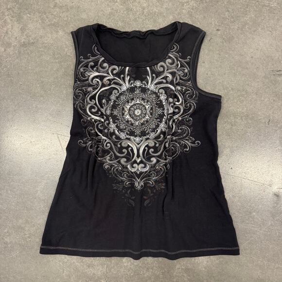 Vintage Y2K Black Sequin Rhinestone Cross Graphic Grunge Medium Black Tank Top - Picture 1 of 5